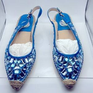 Blue satin crystal-embellished espadrilles
